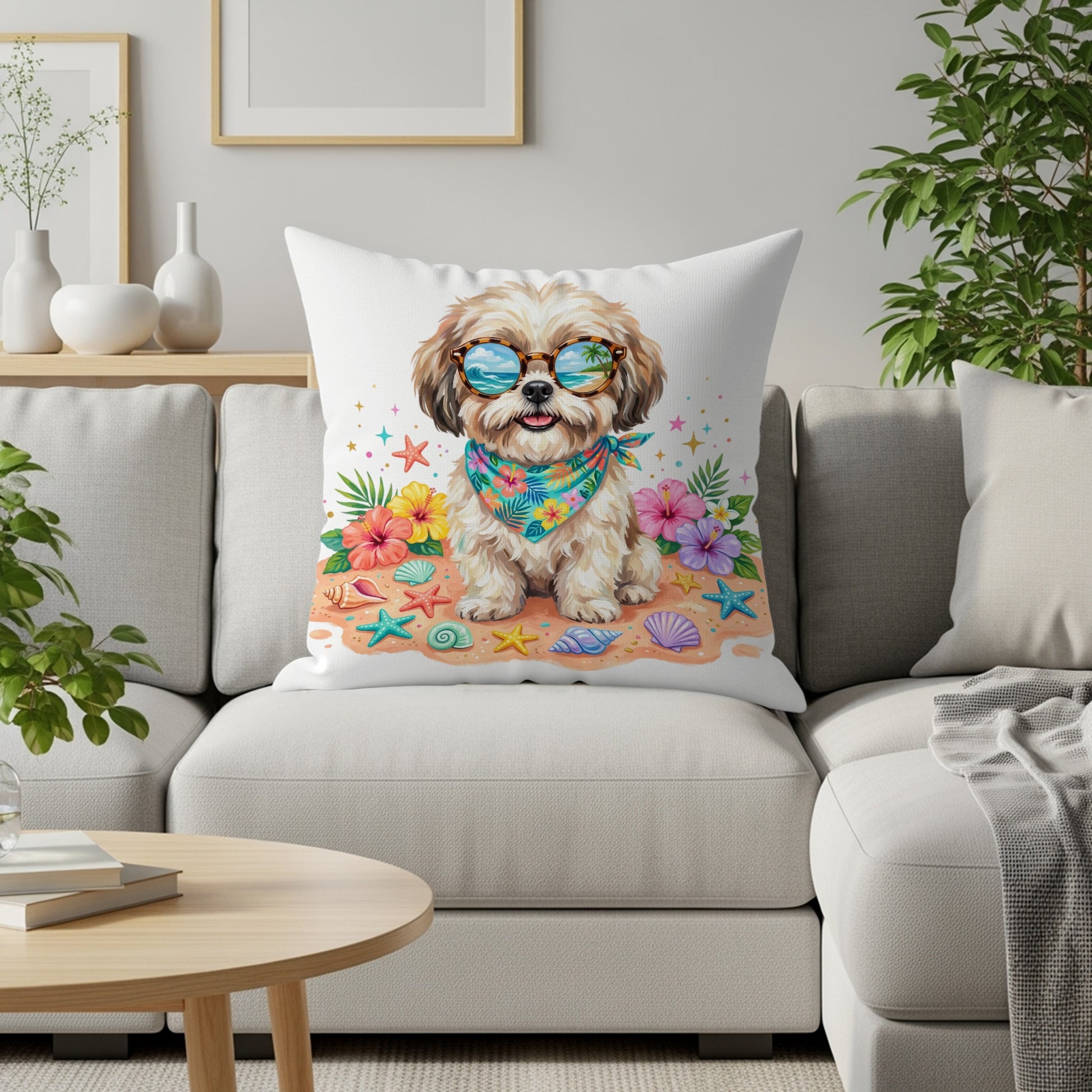 Dog wearing sunglasses and bandana on beach, with seashells and flowers.