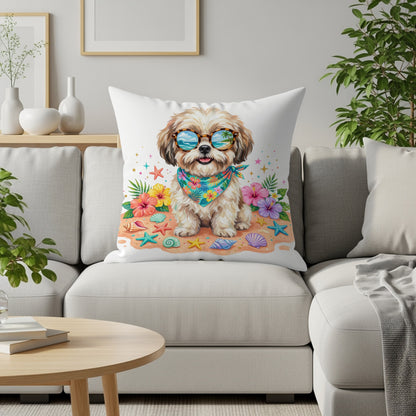 Dog wearing sunglasses and bandana on beach, with seashells and flowers.