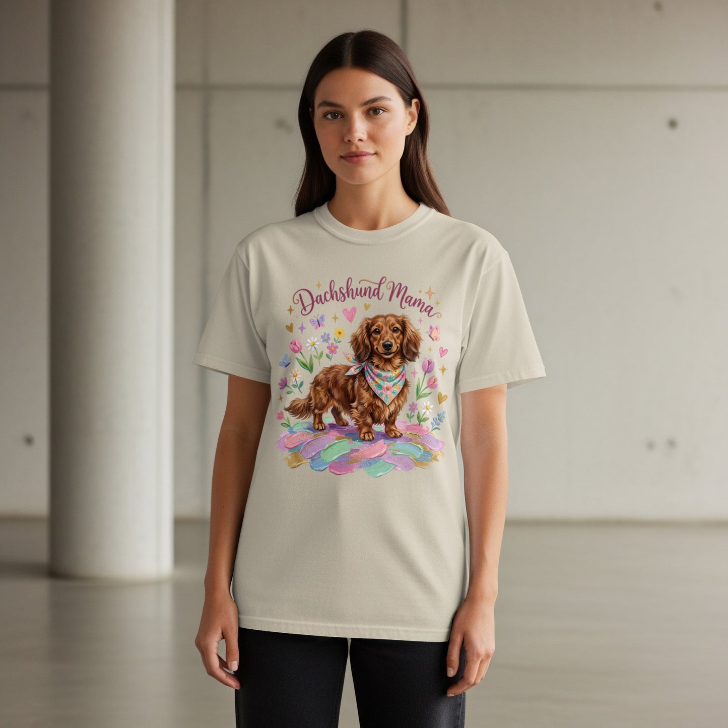 Dachshund Mama t-shirt with a brown dachshund and floral accents.