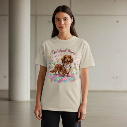 Dachshund Mama t-shirt with a brown dachshund and floral accents.