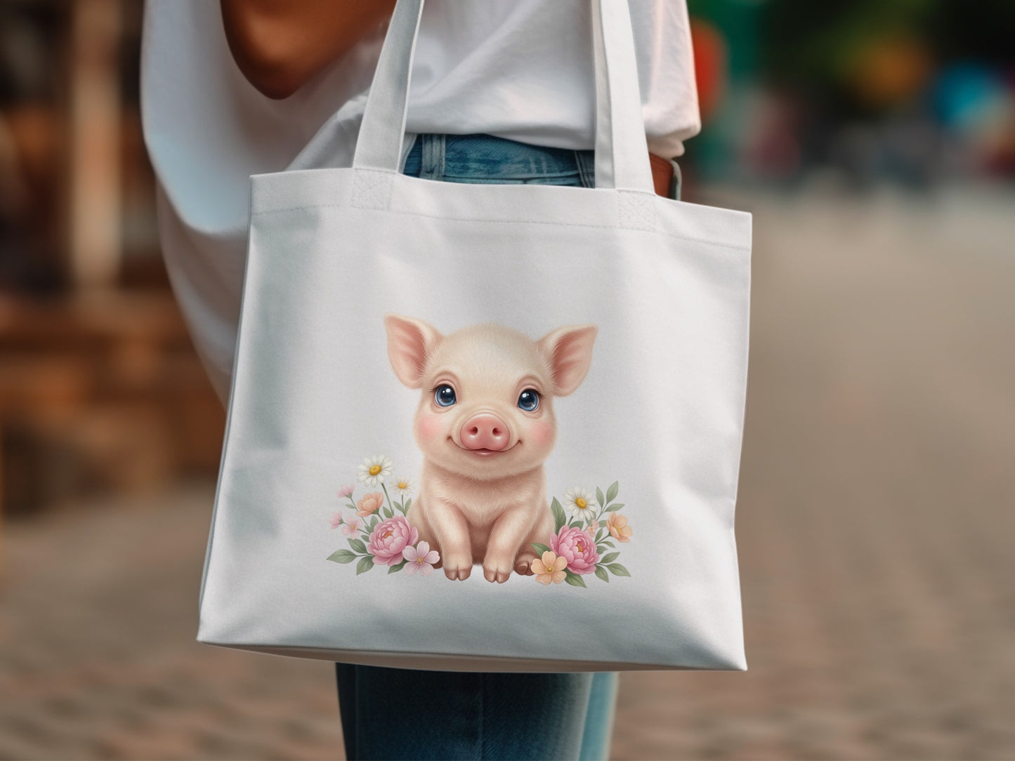 Cute cartoon piglet with flowers on a white tote bag.