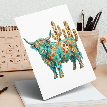 Highland cow with turquoise and gold patterns, standing next to cactus.