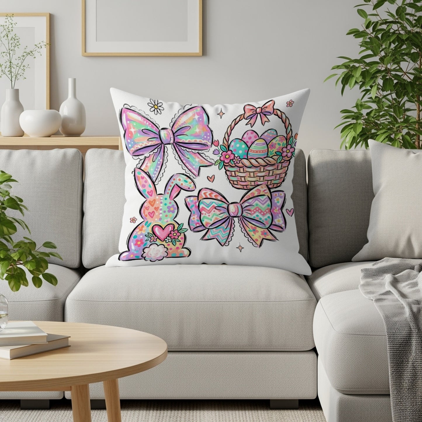 Easter pillow with bunnies, bows, and a basket of eggs.