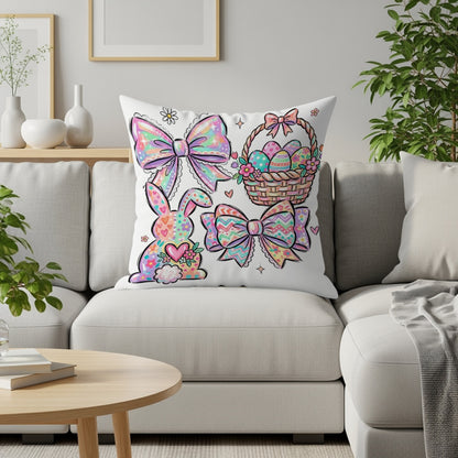 Easter pillow with bunnies, bows, and a basket of eggs.