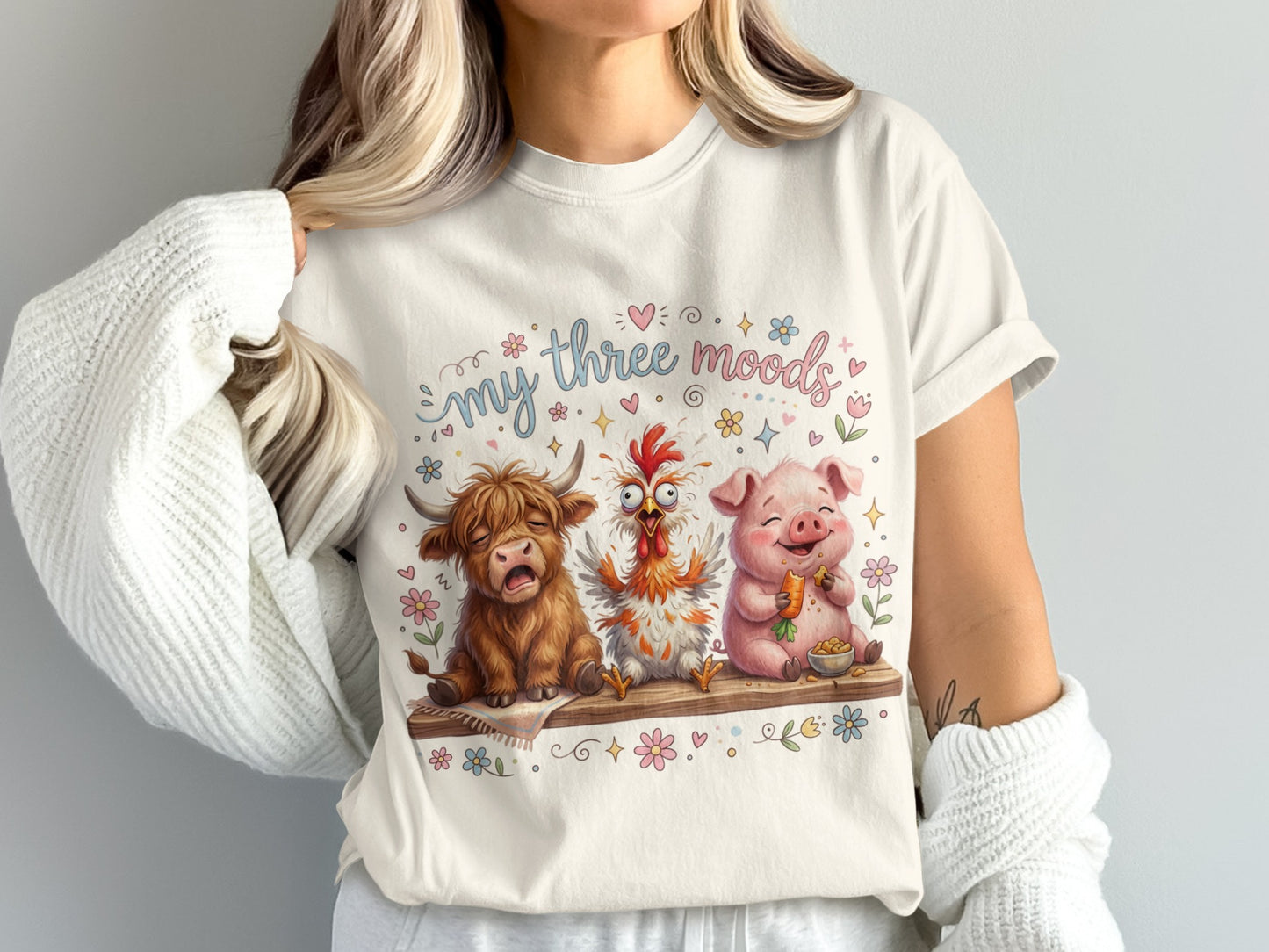 Three cartoon farm animals, cow, pig, and chicken, with text "my three moods".
