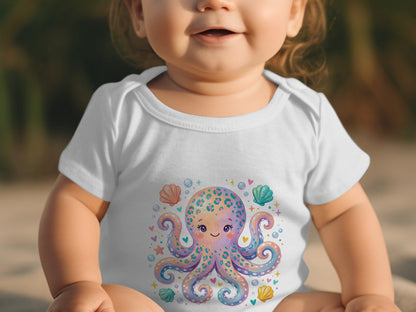 Baby wearing white bodysuit with a colorful cartoon octopus and shells graphic.