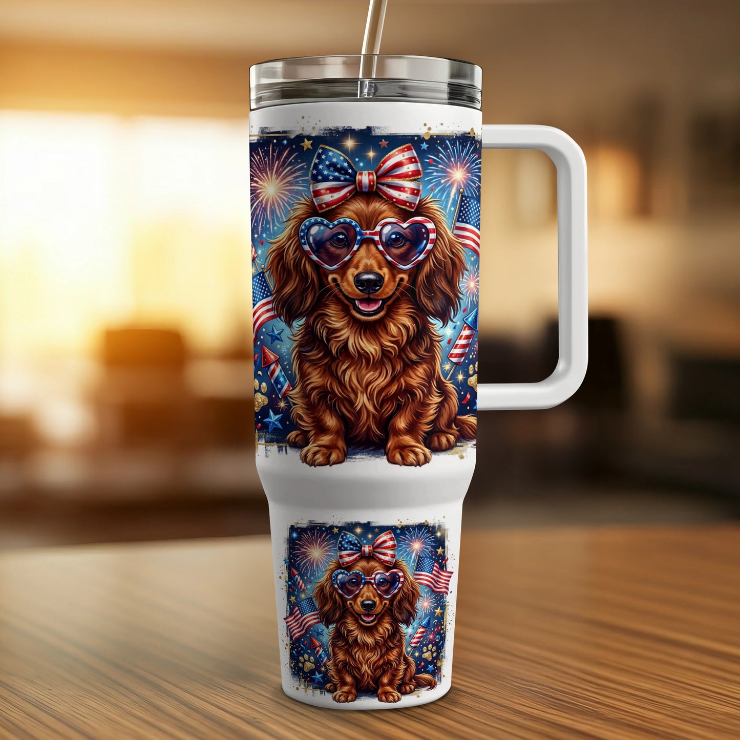 Dachshund wearing heart sunglasses and bow, with fireworks, on a tumbler.