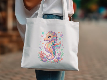 White tote bag with a colorful illustration of a seahorse and underwater elements.