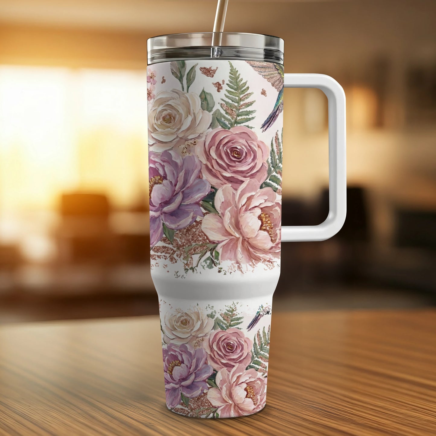 White tumbler with floral and hummingbird pattern, featuring a handle.