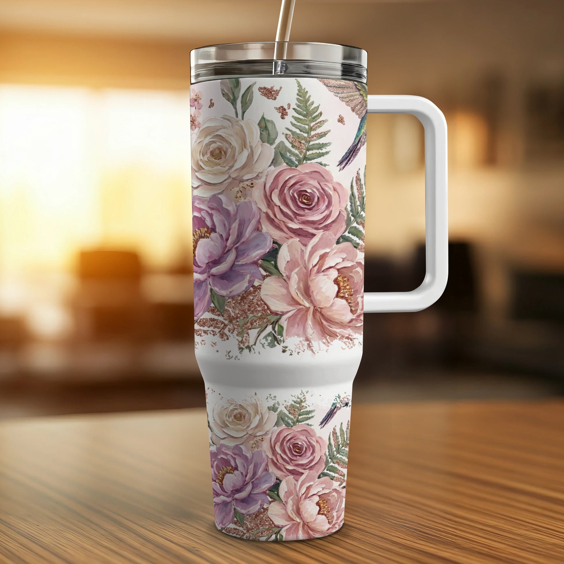 White tumbler with floral and hummingbird pattern, featuring a handle.