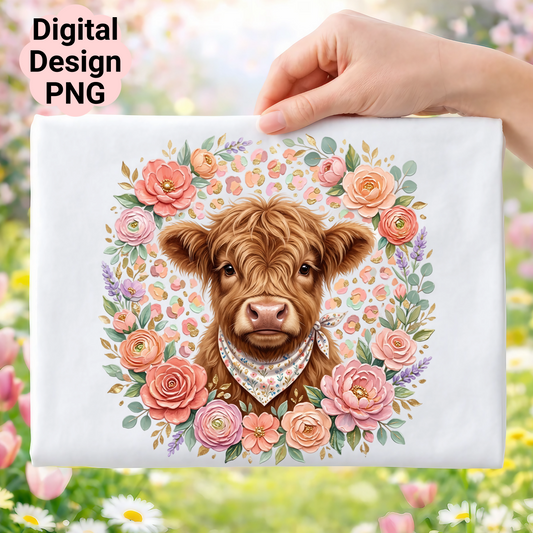 Highland cow with floral wreath and bandana, digital design PNG.