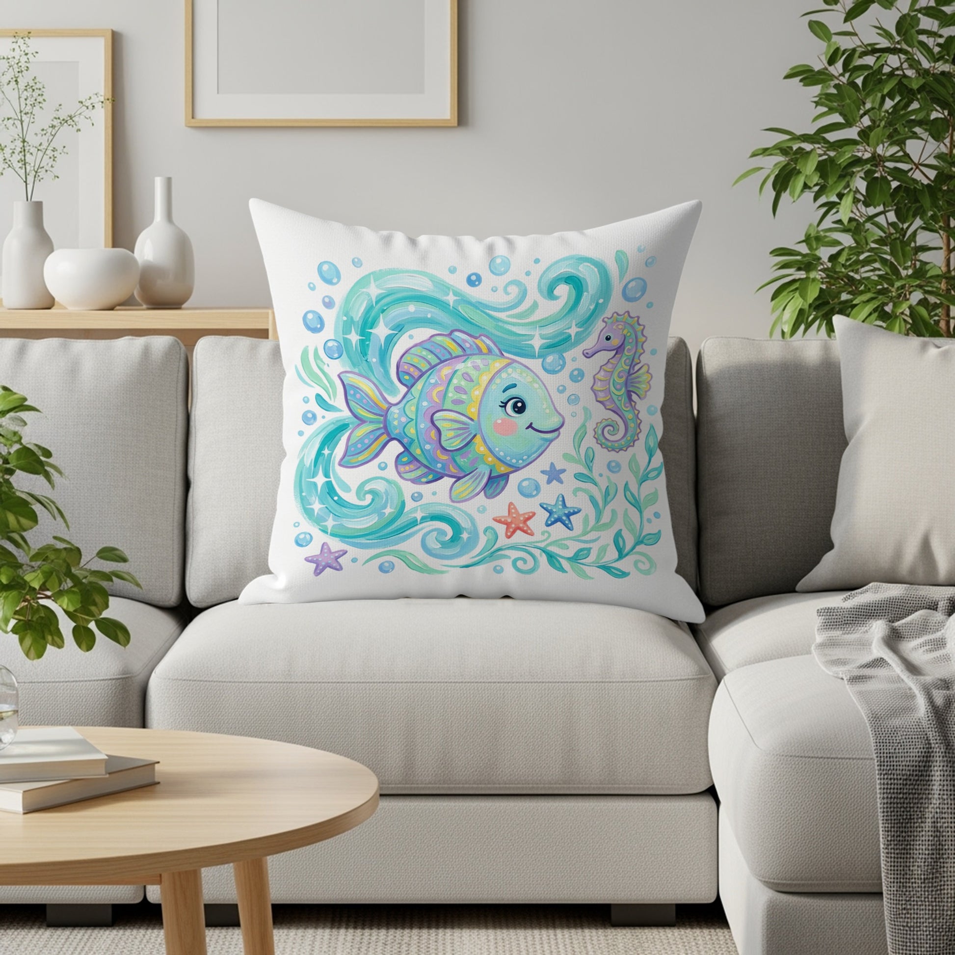 Colorful cartoon fish and seahorse on a throw pillow with aquatic accents.