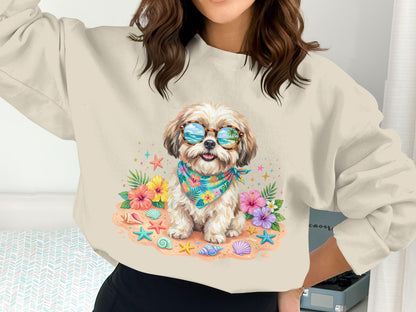 Shih tzu dog wearing sunglasses and bandana on a beach.
