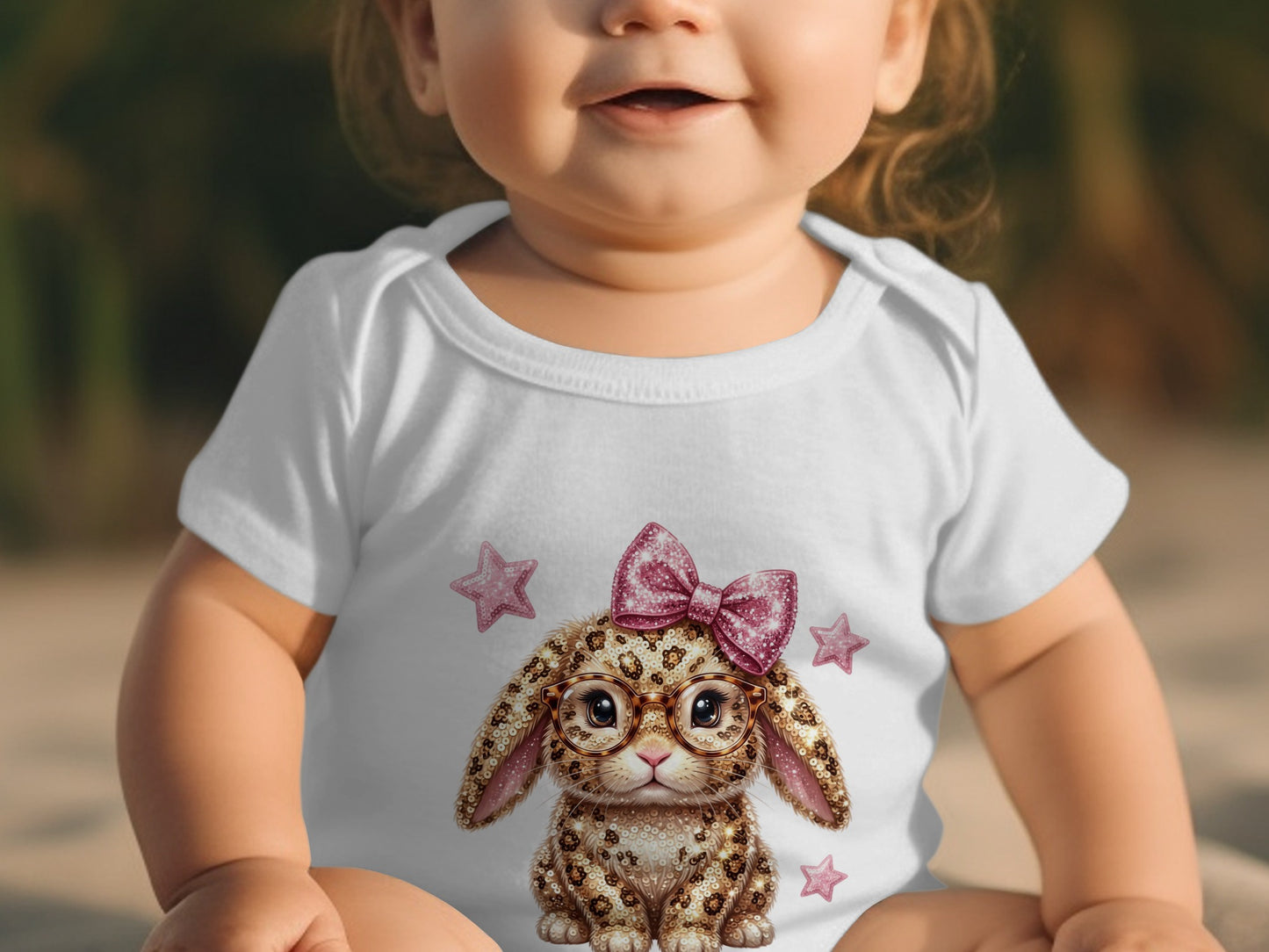 White baby onesie with leopard print bunny wearing glasses and pink bow.