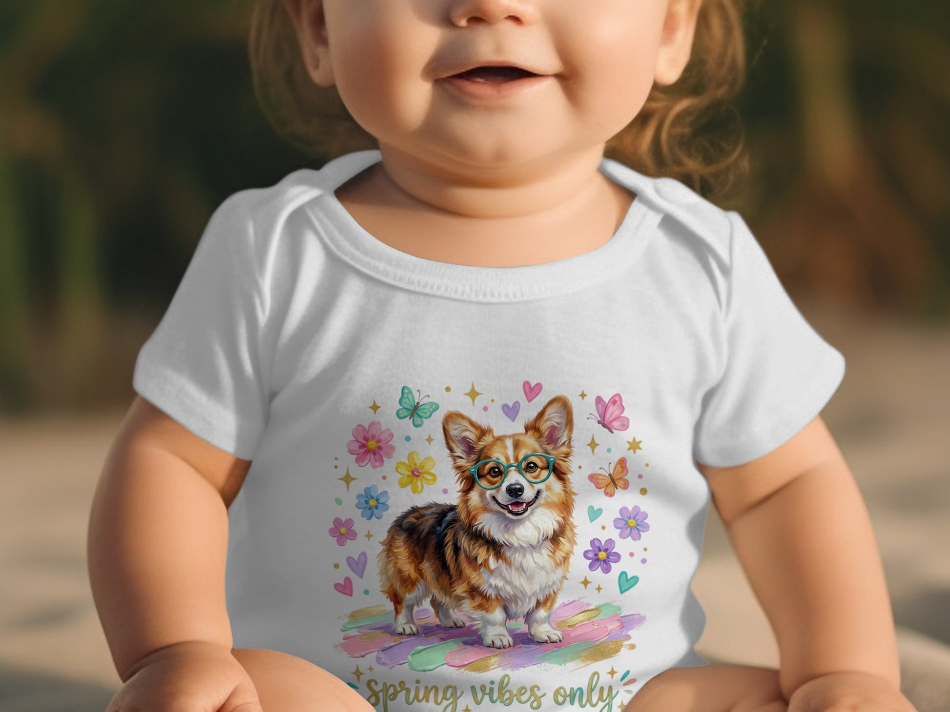 White baby onesie with corgi, flowers, and butterflies, text "Spring vibes only".