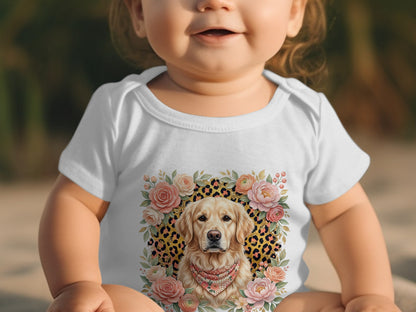 Baby wearing a white onesie with a golden retriever and floral print.