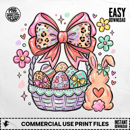 Easter basket with decorated eggs, a bunny, and flowers, with "EASY DOWNLOAD" text.