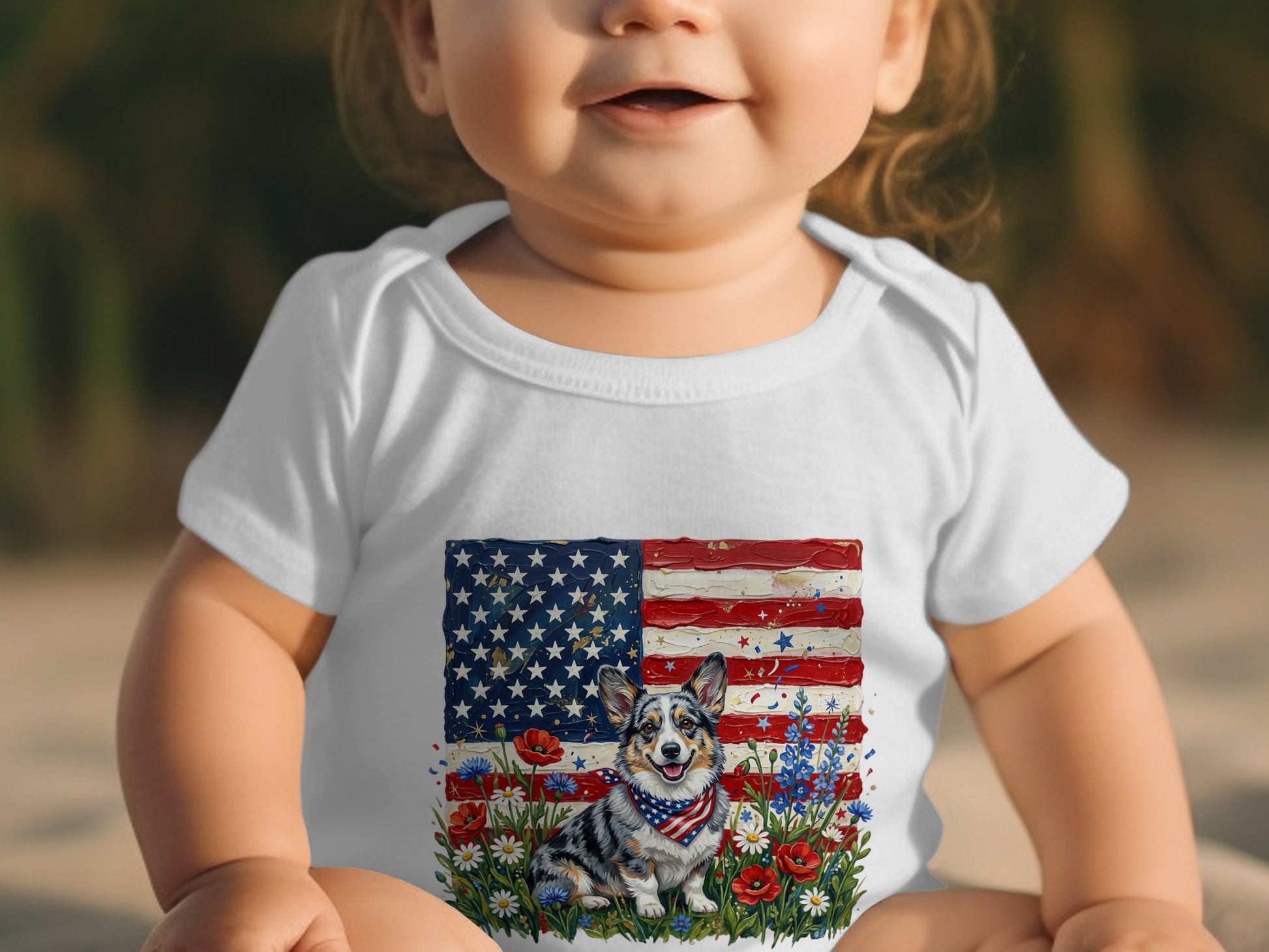 Baby in white bodysuit with American flag and corgi design.