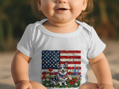 Baby in white bodysuit with American flag and corgi design.