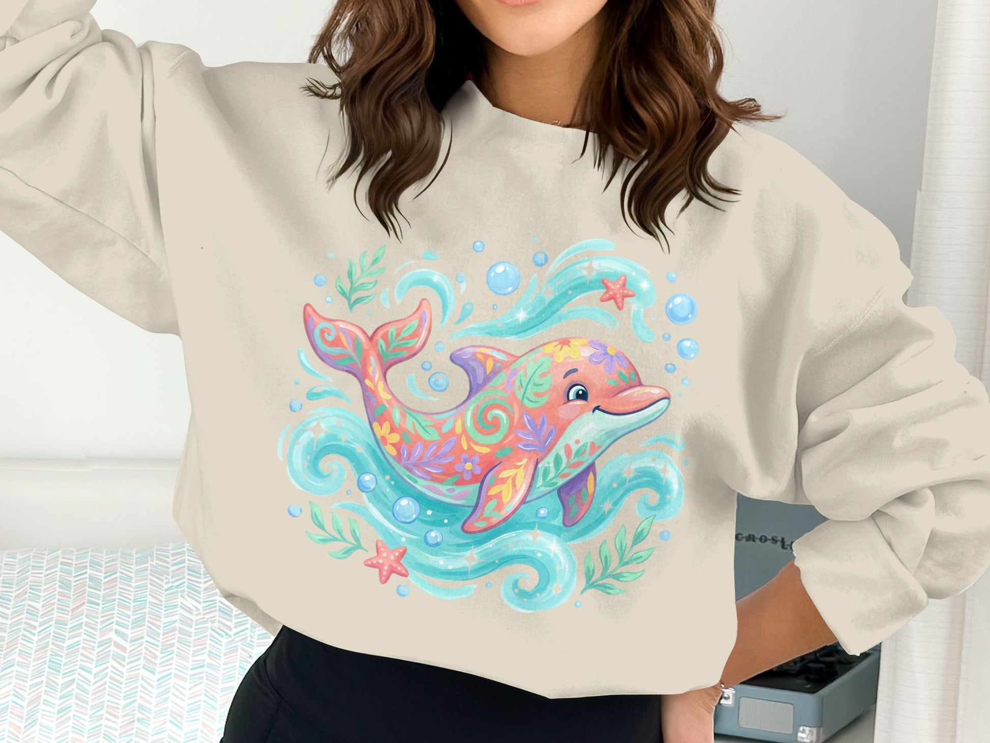 Colorful dolphin with floral patterns swimming in blue waves and bubbles.