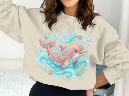 Colorful dolphin with floral patterns swimming in blue waves and bubbles.