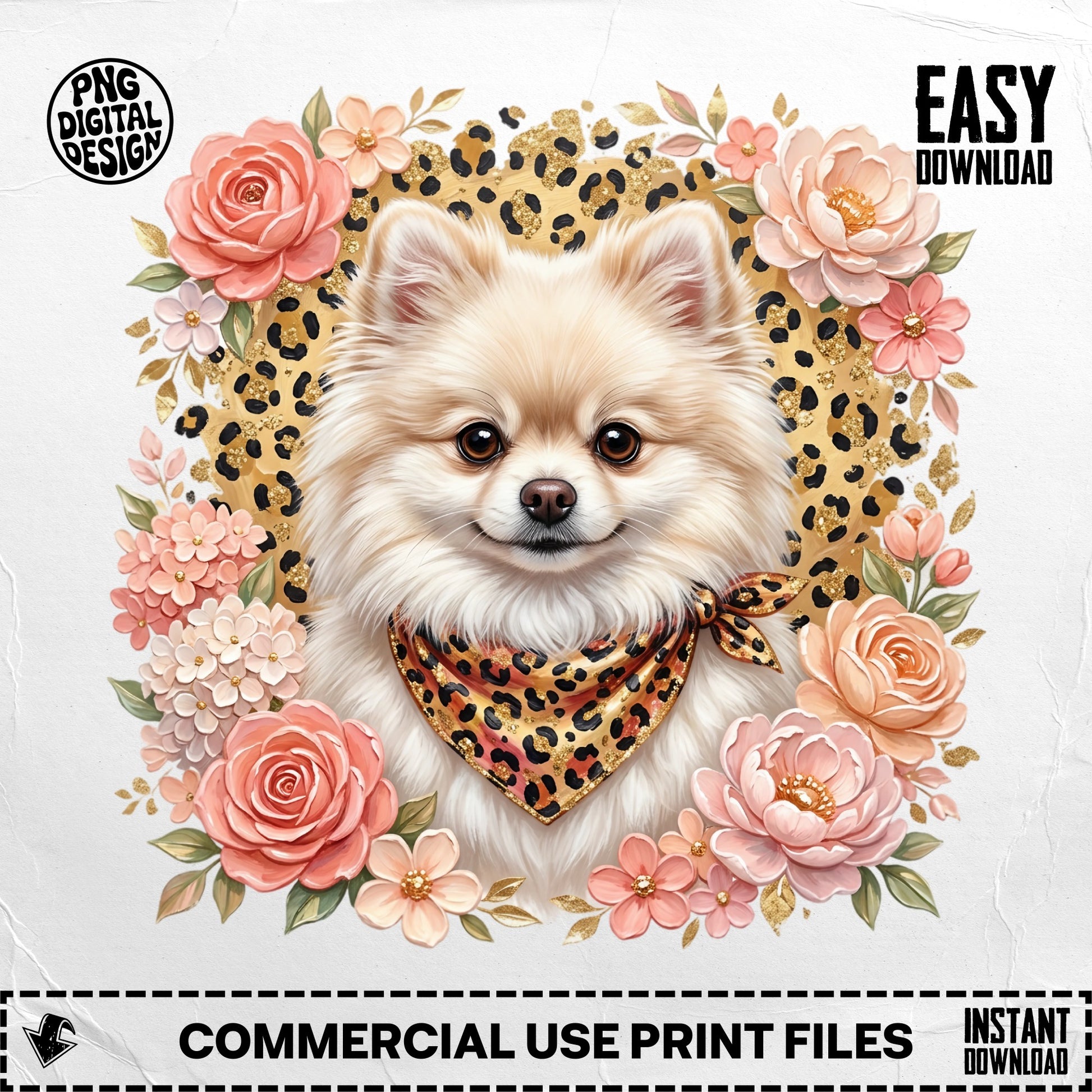 Pomeranian dog with floral border and leopard print bandana, "Easy Download".