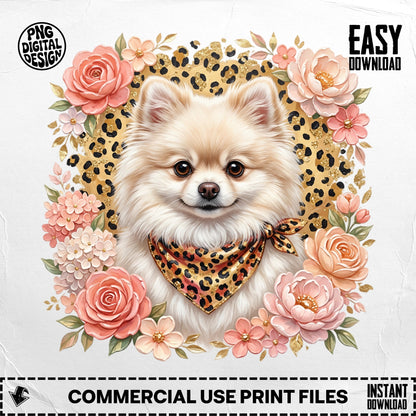 Pomeranian dog with floral border and leopard print bandana, "Easy Download".