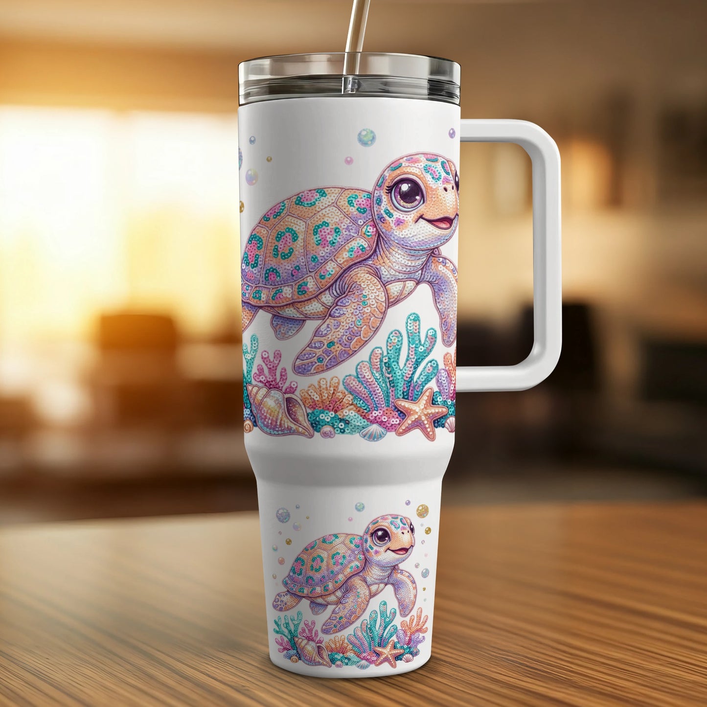 White tumbler with a large, colorful sea turtle design and a smaller turtle.