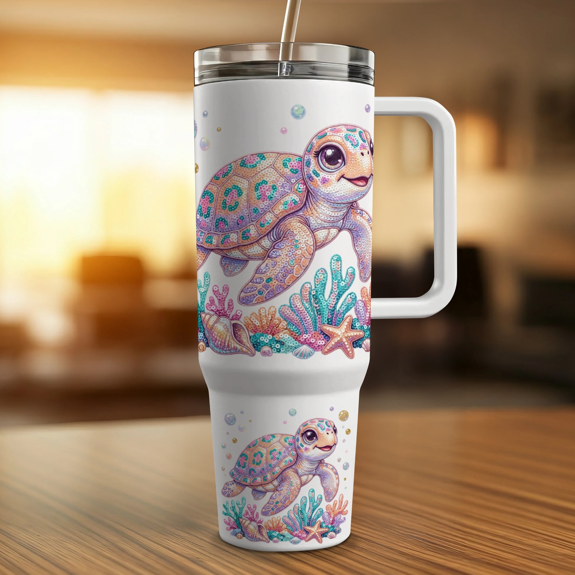 White tumbler with a large, colorful sea turtle design and a smaller turtle.