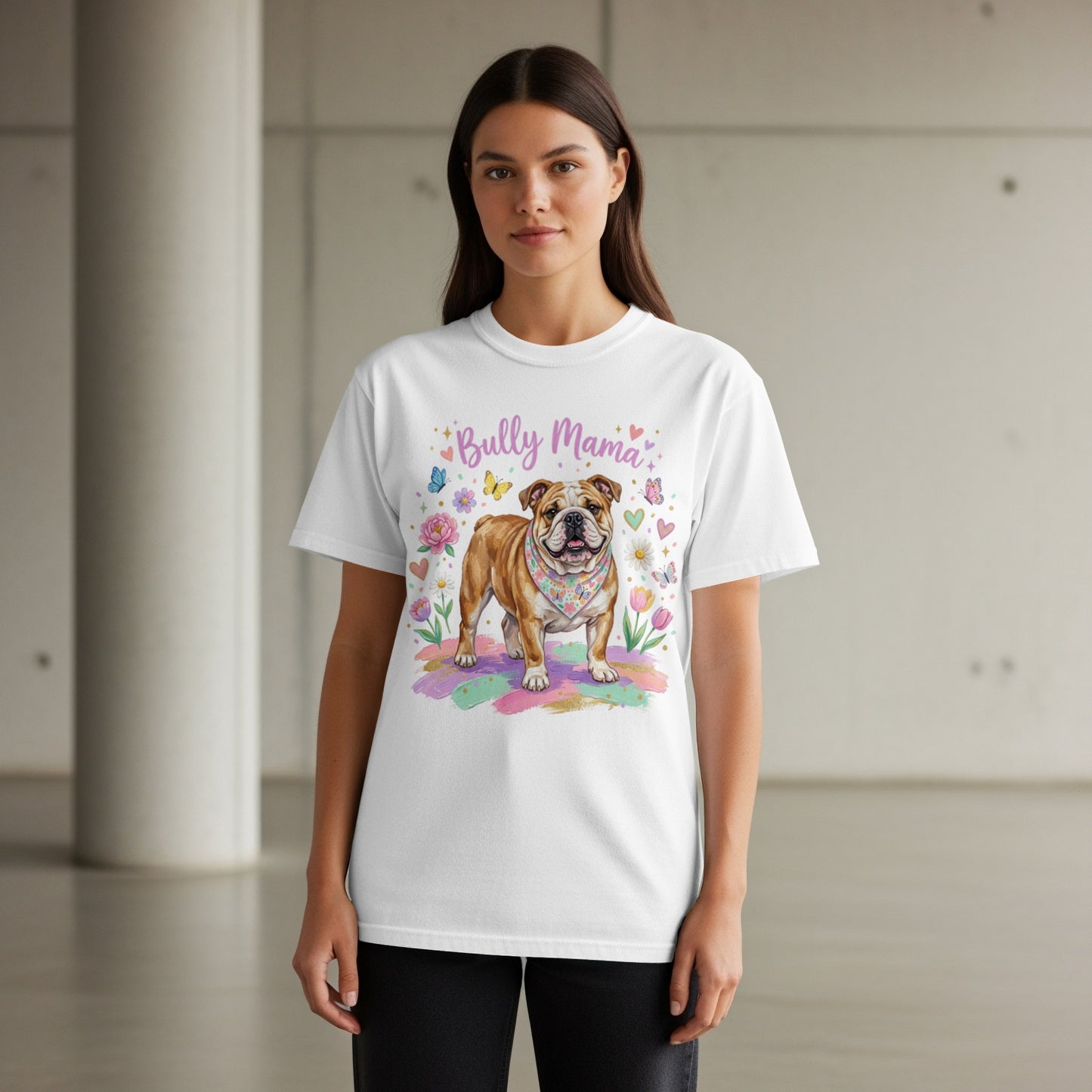 Bulldog wearing bandana on white t-shirt with "Bully Mama" text.