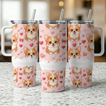 Pink tumbler with repeating corgi and heart pattern.