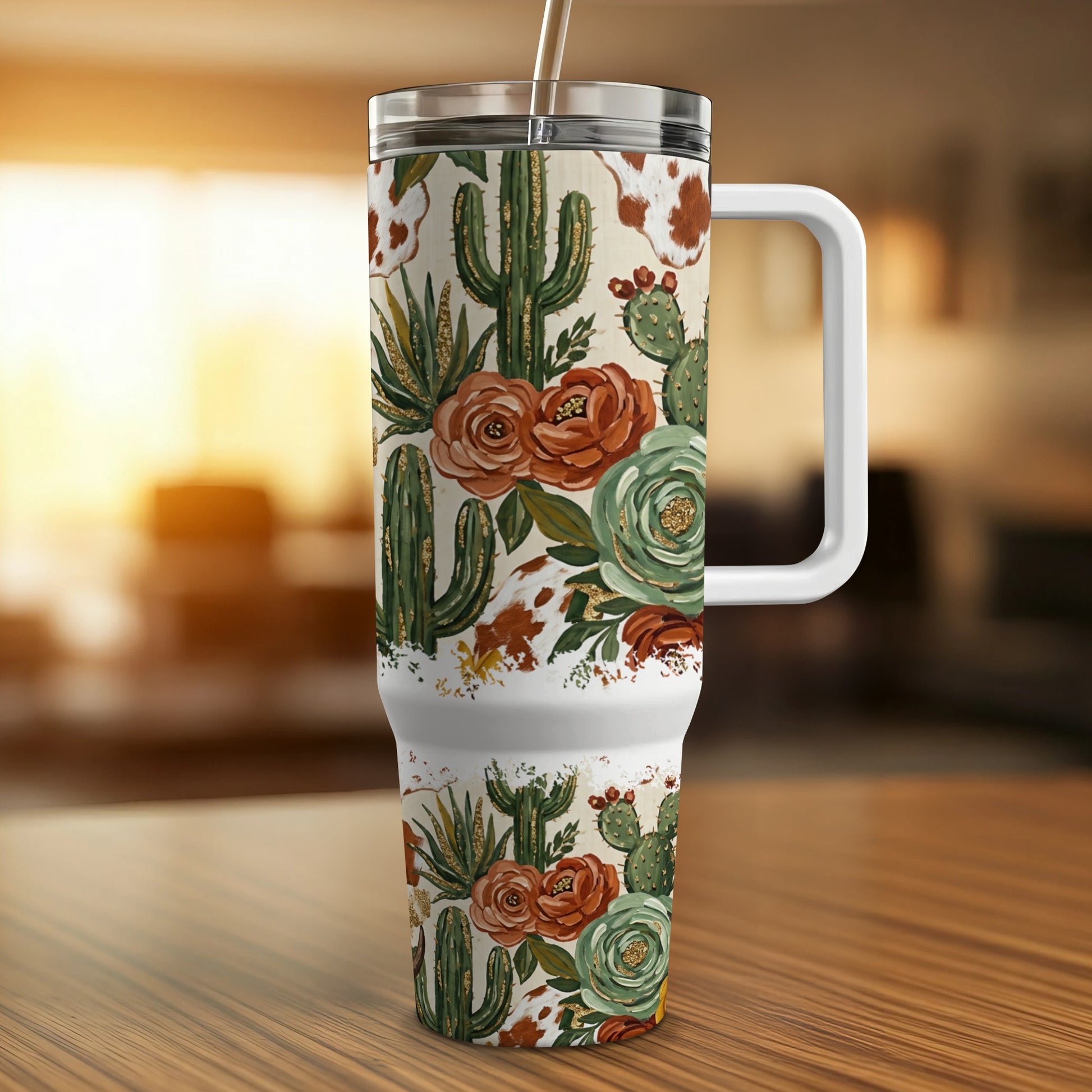 Floral and cactus pattern on a tumbler with a handle and straw.