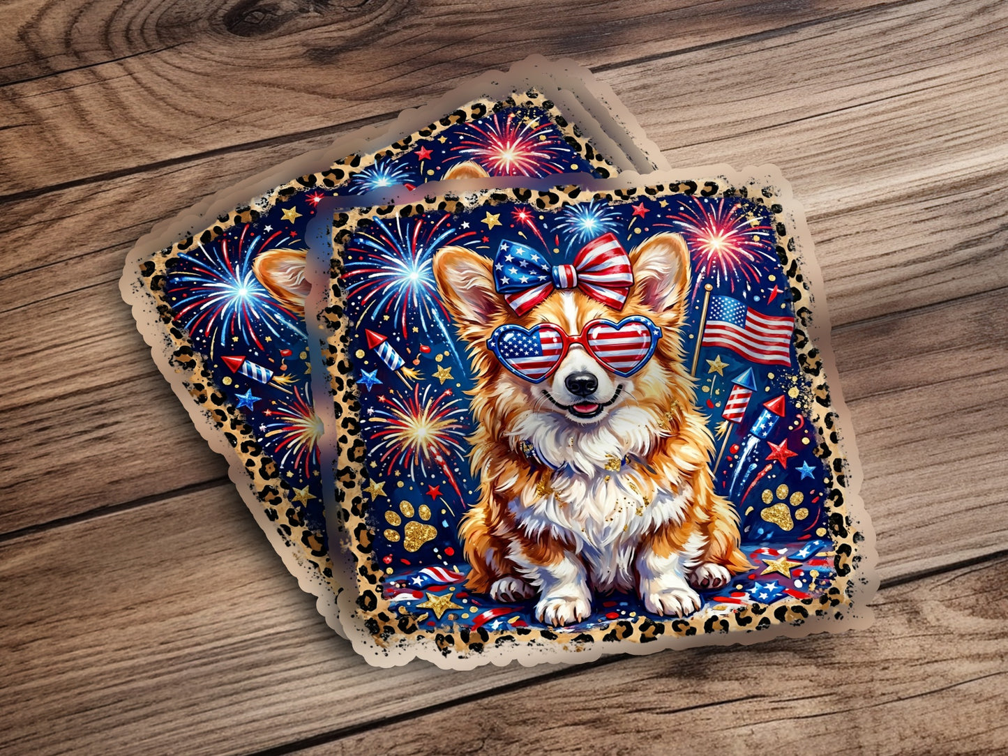 Corgi wearing patriotic sunglasses and bow, with fireworks and US flag accents.