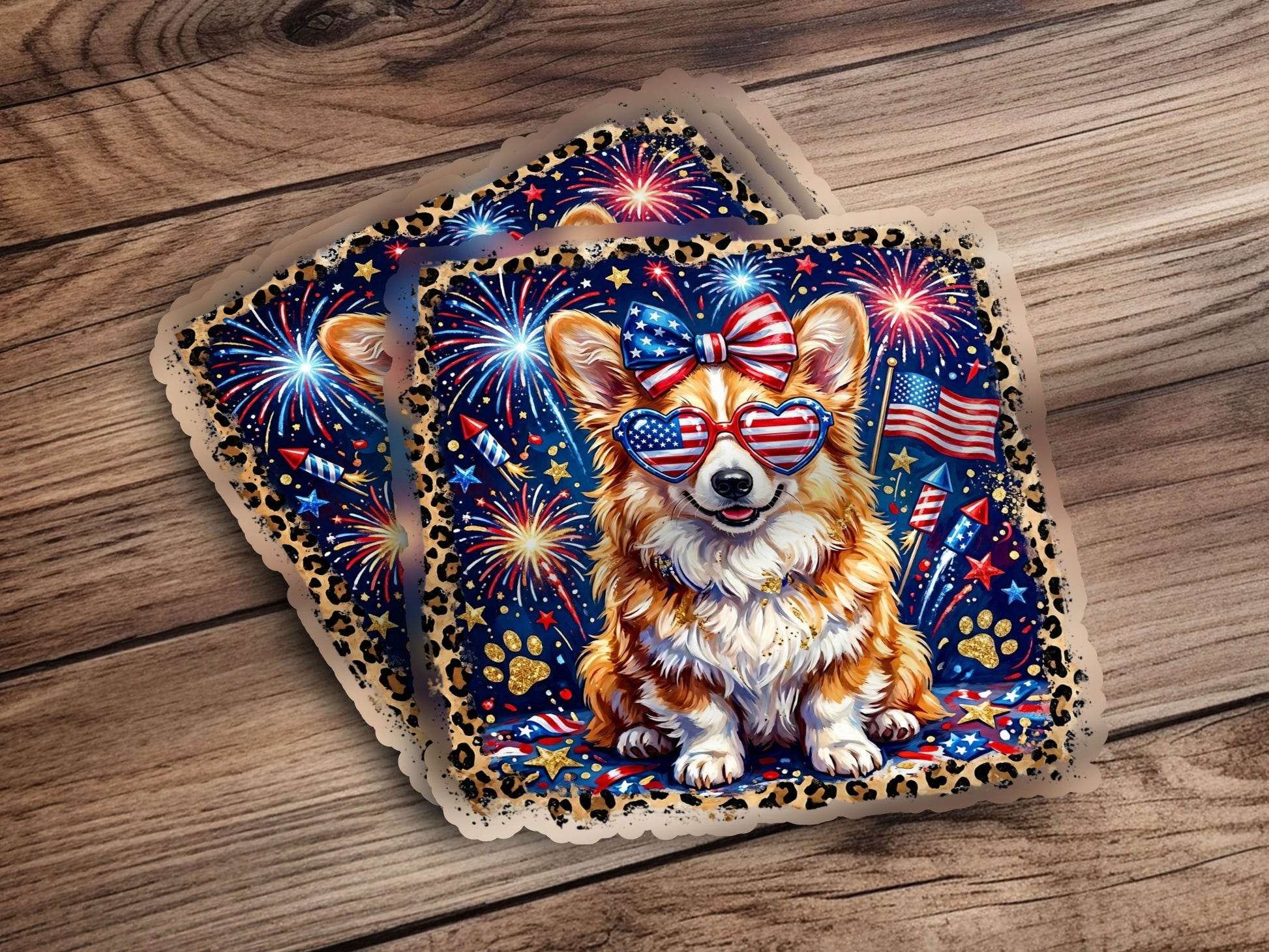 Corgi wearing patriotic sunglasses and bow, with fireworks and US flag accents.