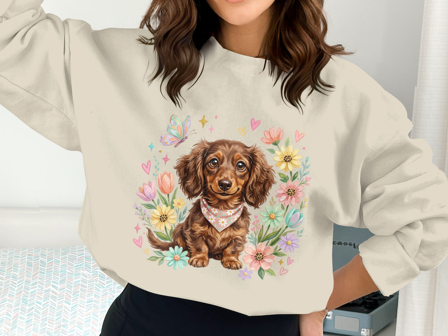 Brown dachshund wearing bandana, surrounded by flowers and butterflies.