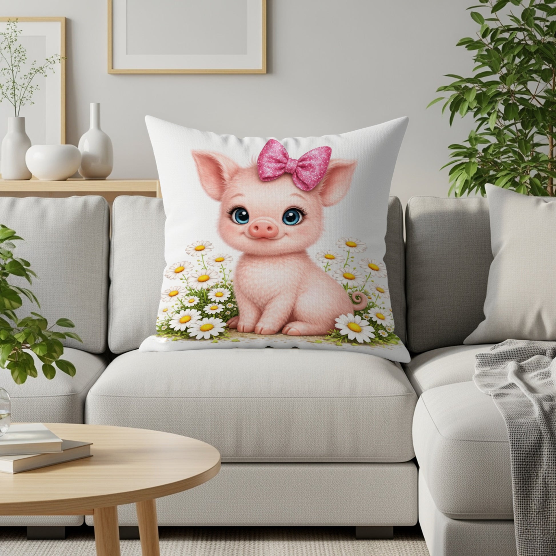 Pink piglet with bow on a pillow surrounded by daisies.
