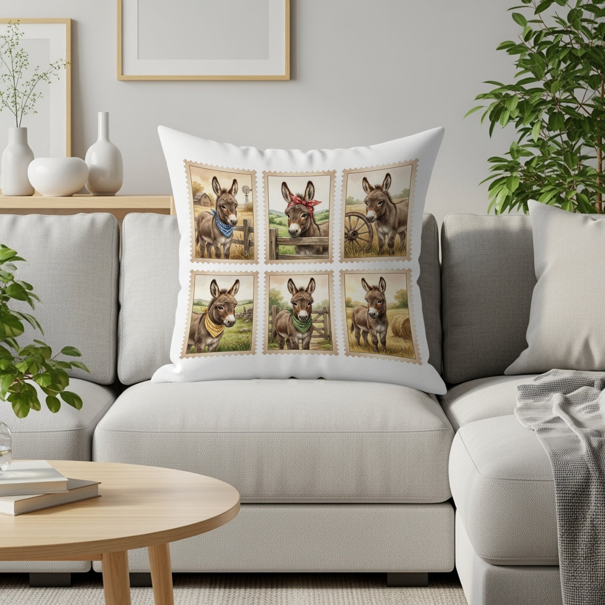 Six cartoon donkeys in various bandana colors on a decorative pillow.