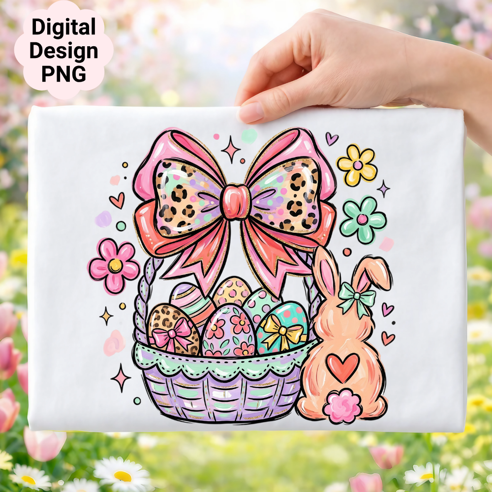Easter basket with painted eggs, bunny, and flowers, "Digital Design PNG" text.