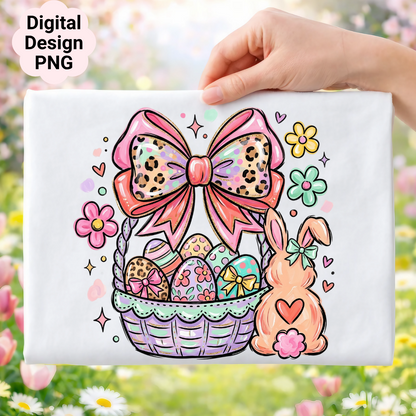 Easter basket with painted eggs, bunny, and flowers, "Digital Design PNG" text.