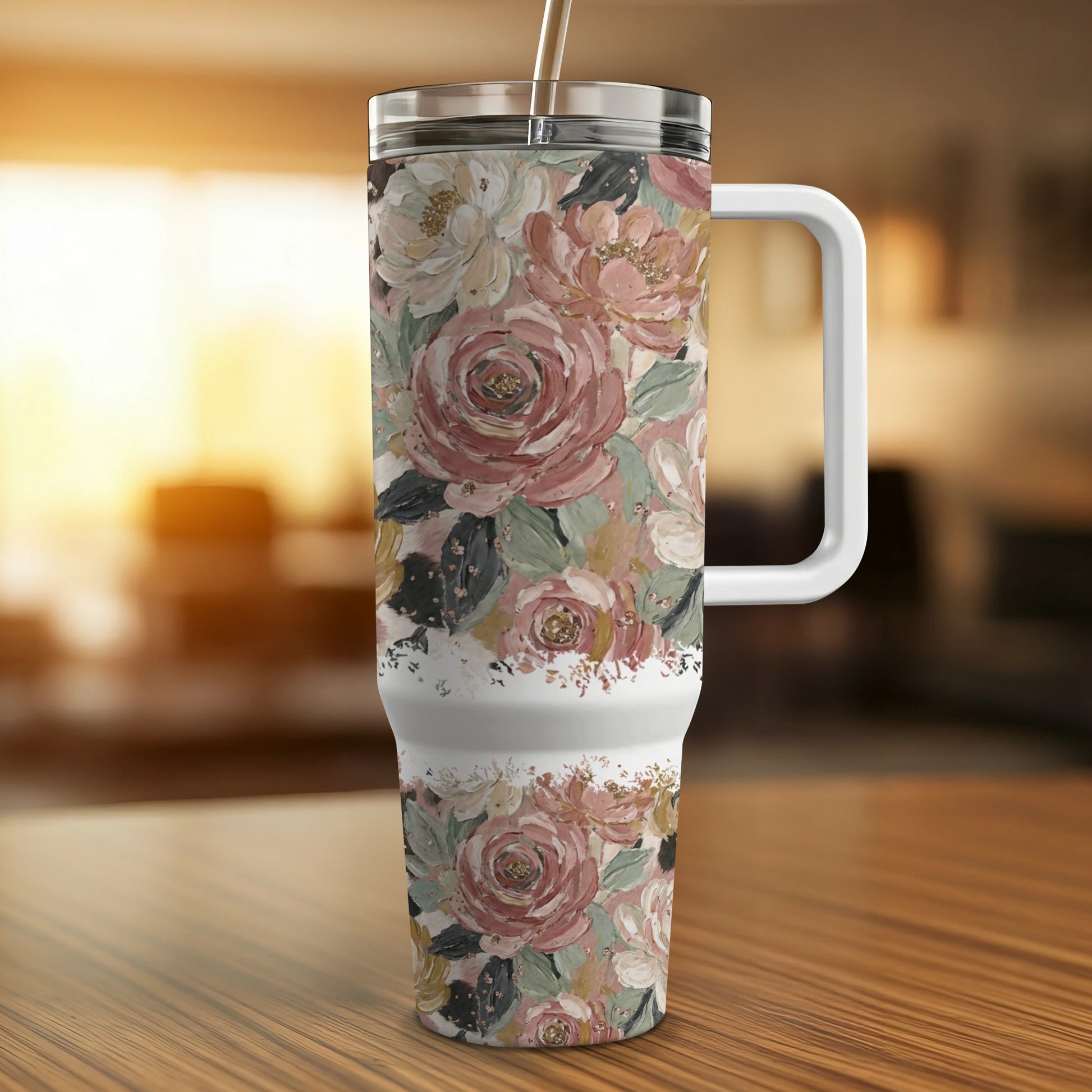Floral-patterned tumbler with straw and handle on wooden surface.
