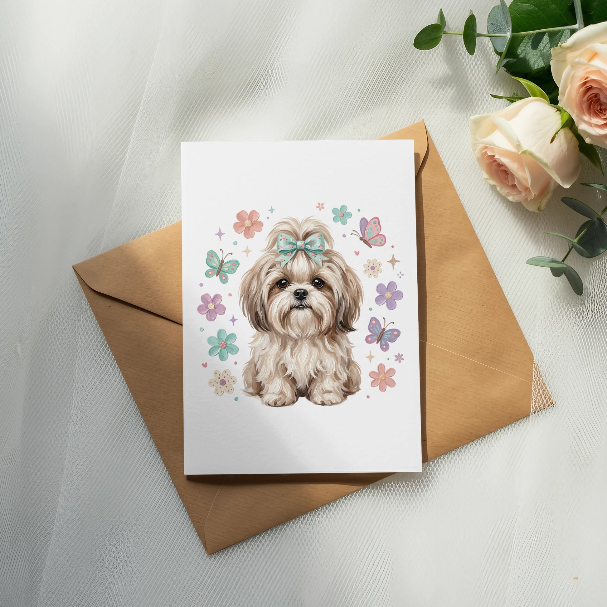 Fluffy shih tzu puppy with colorful bows and butterflies on a card.