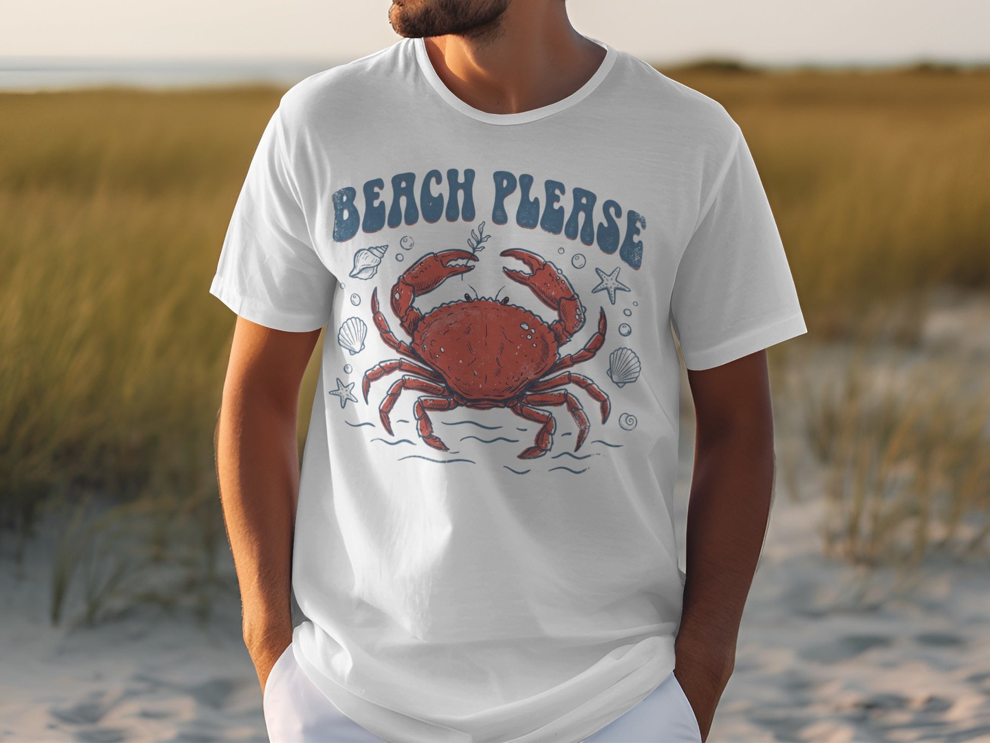 White t-shirt with a vintage crab graphic and "Beach Please" text.