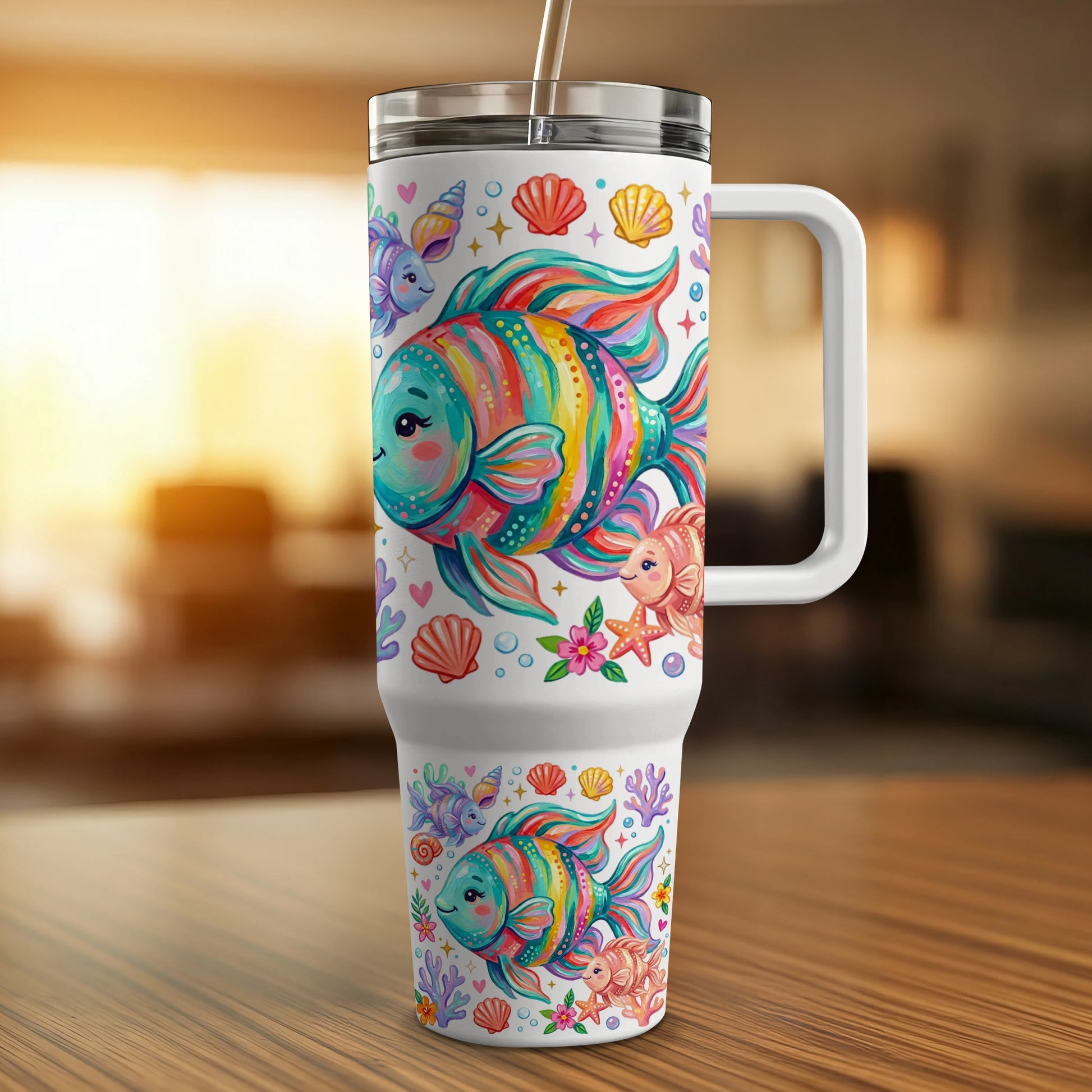 Colorful cartoon fish with seashell and coral patterns on a white travel mug.