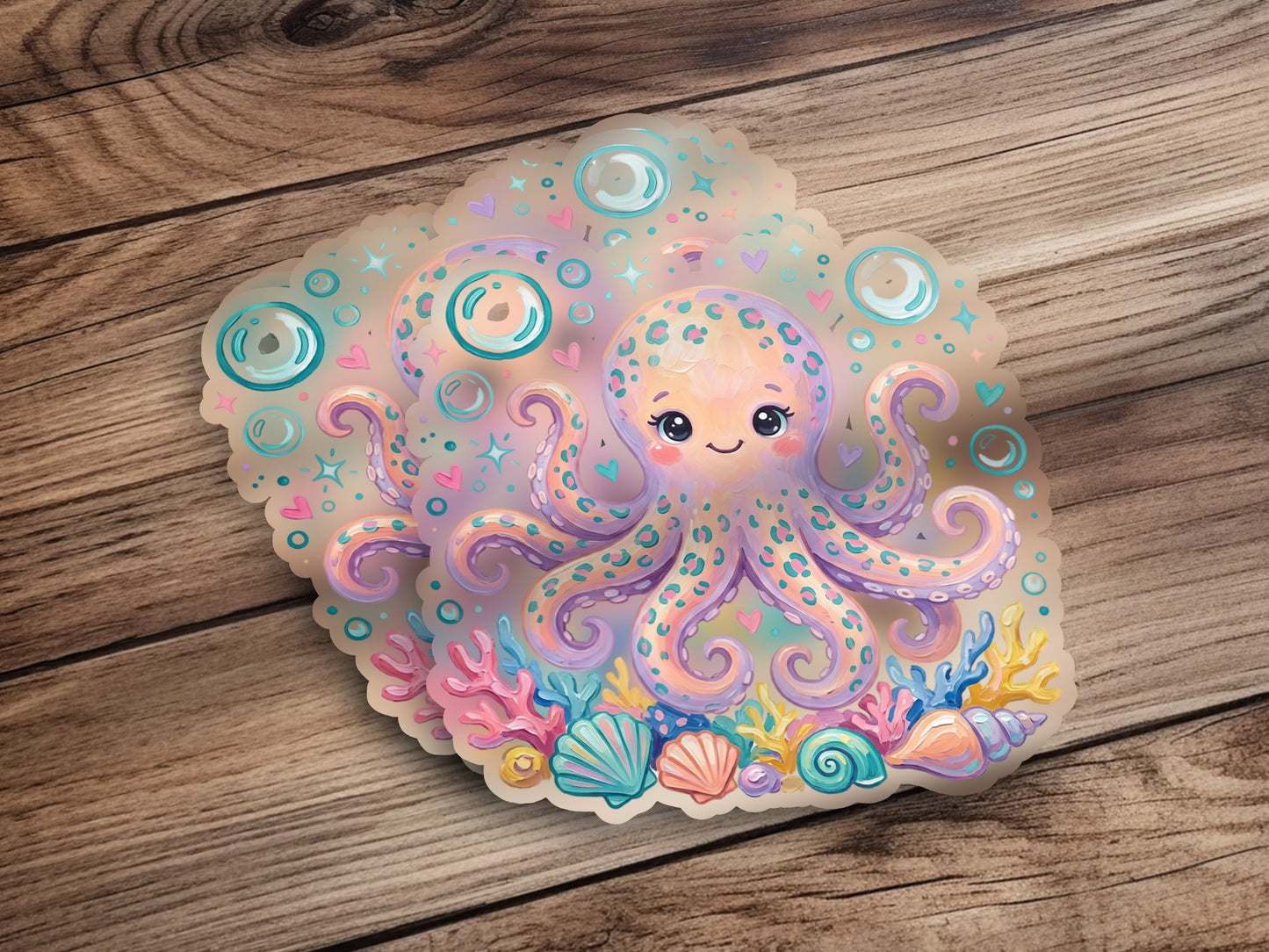 Cute cartoon octopus with seashells and coral on wood background.