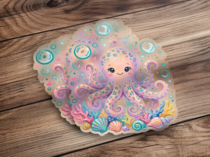 Cute cartoon octopus with seashells and coral on wood background.