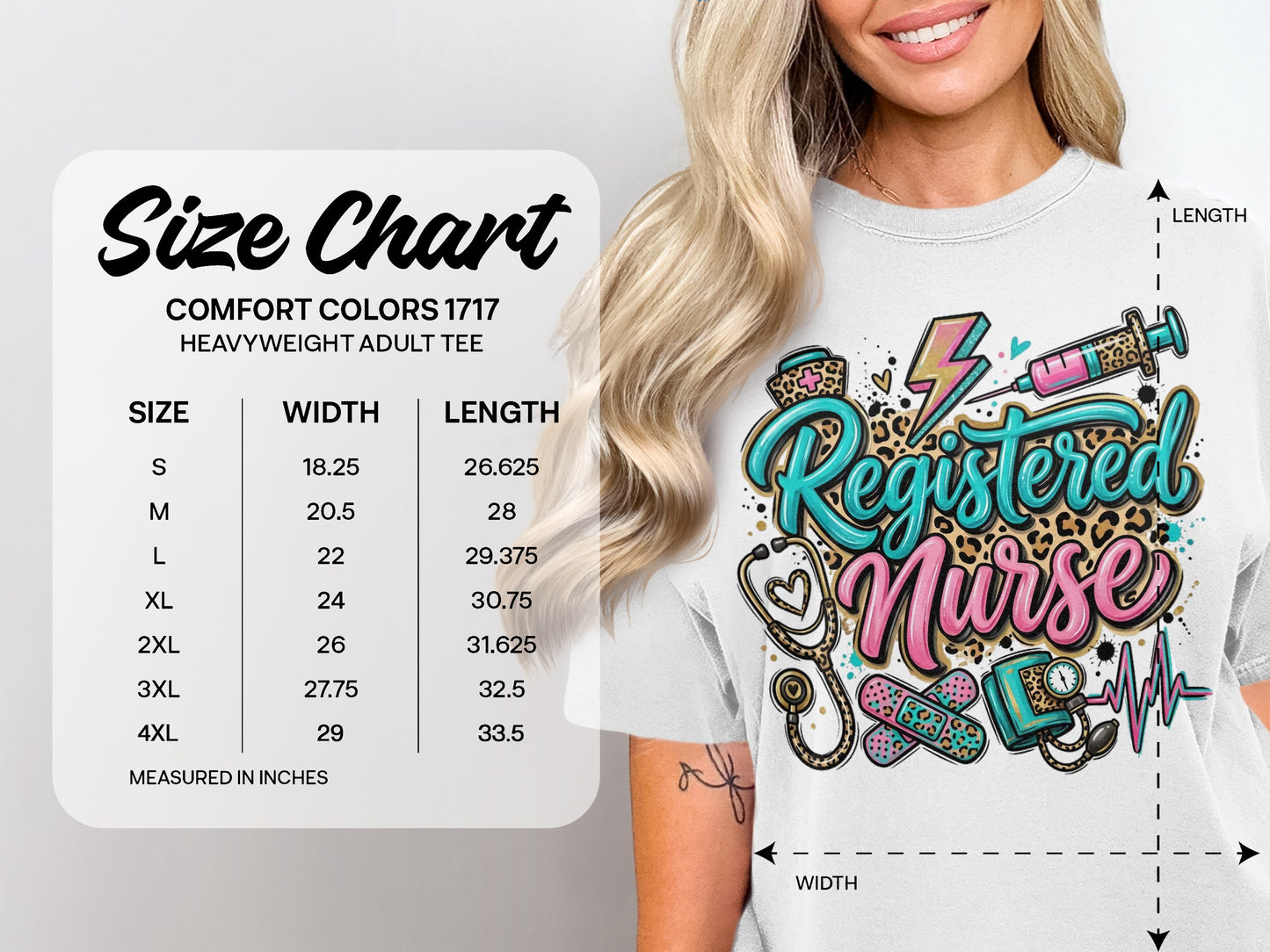 Comfort Colors 1717 size chart for heavyweight adult tee, measured in inches.