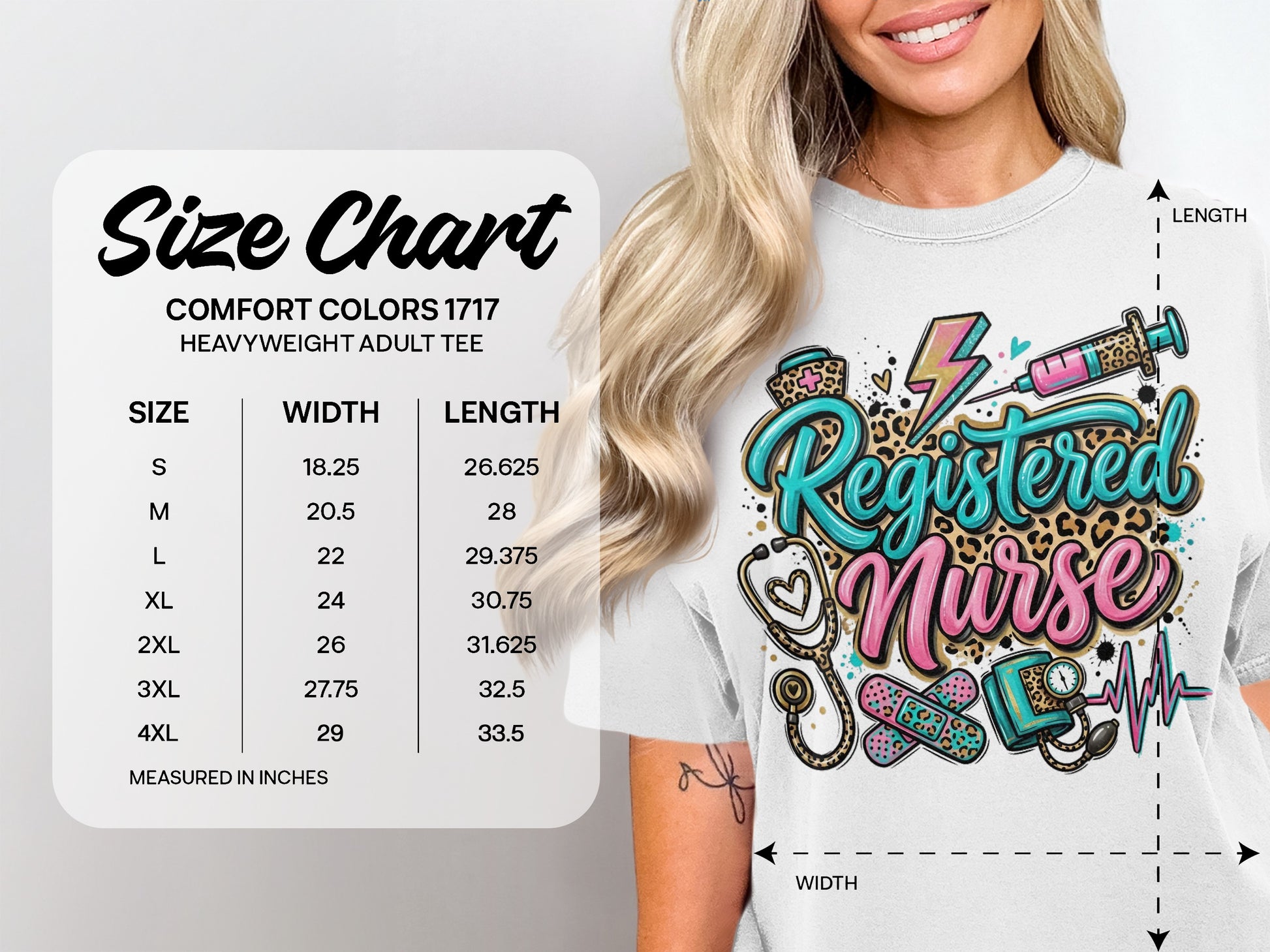 Comfort Colors 1717 size chart for heavyweight adult tee, measured in inches.