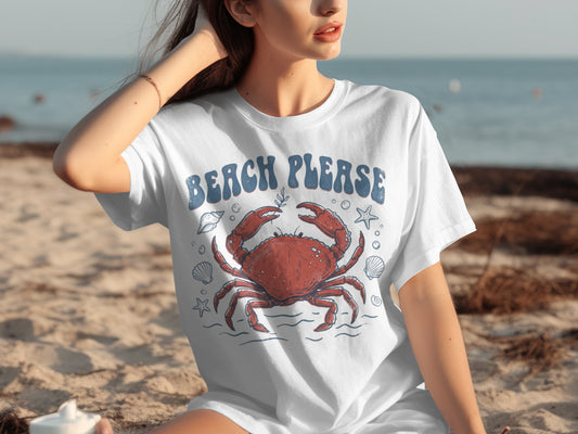 White t-shirt with a large red crab and "Beach Please" text.