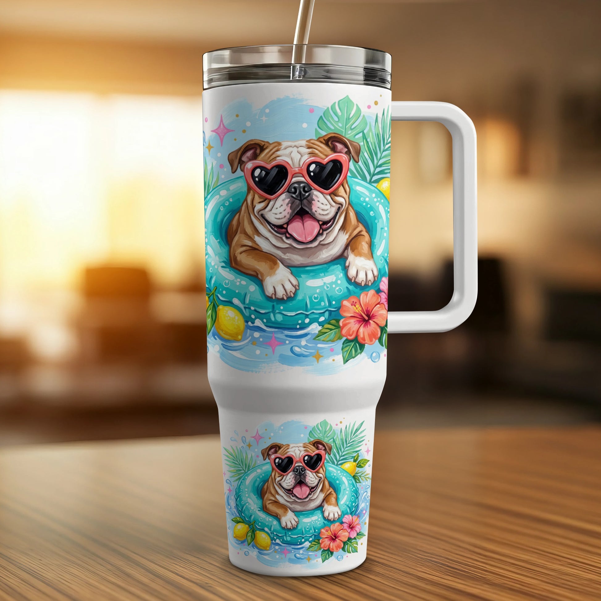 Bulldog in heart sunglasses floats in pool on tumbler.