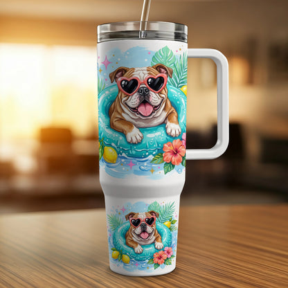 Bulldog in heart sunglasses floats in pool on tumbler.